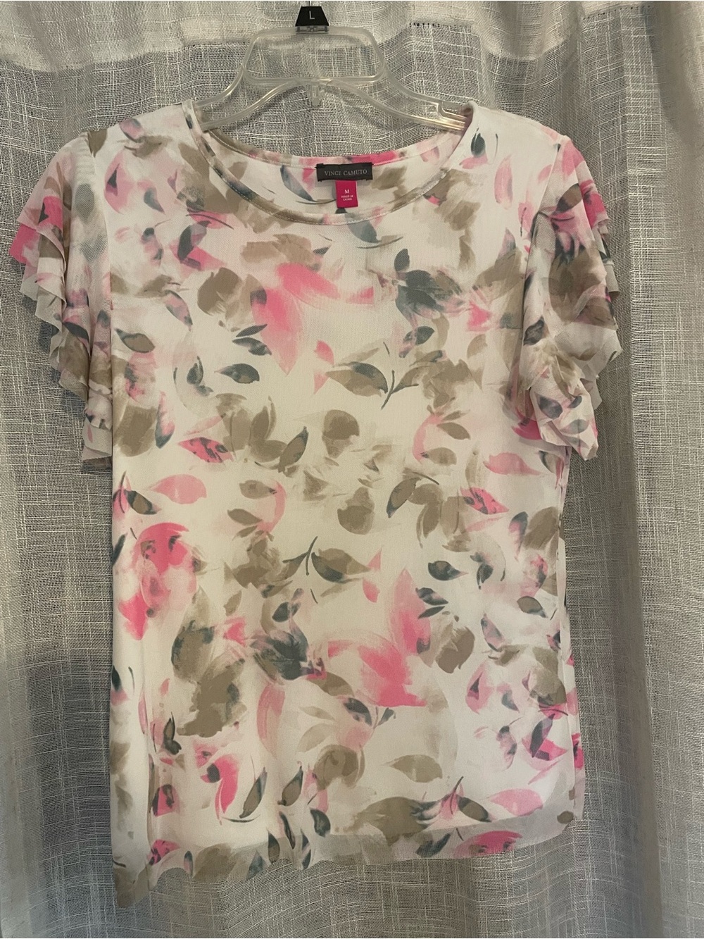 Vince Camuto Cream Floral Short Sleeve Ruffle Top - Pink & Taupe